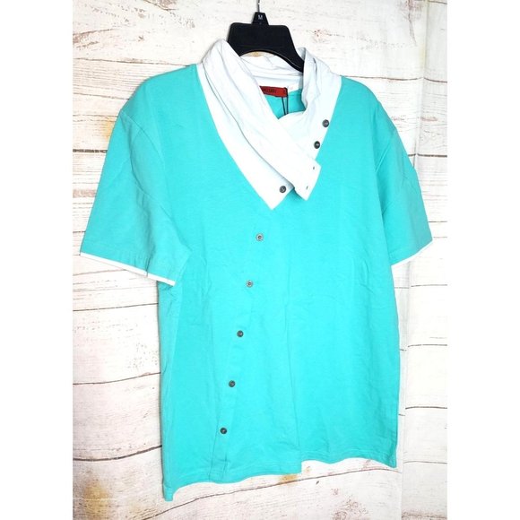 Rare Vassari Mint Green High Collar Short Sleeve Designer Button-Up Shirt - Picture 1 of 11